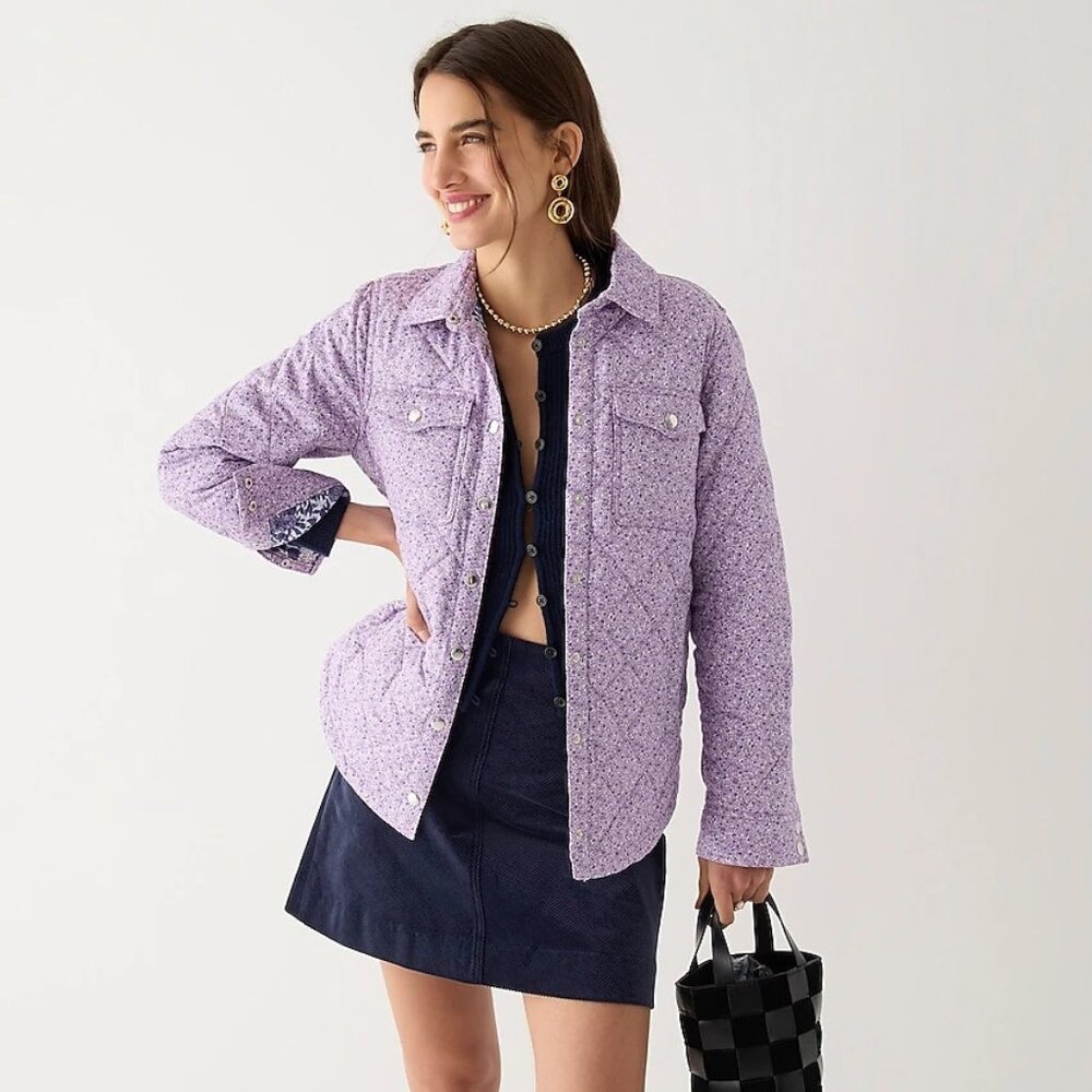 NWT J. Crew Quilted Shirt-Jacket in Dusty Mauve Mixed Floral XS - Picture 2 of 5